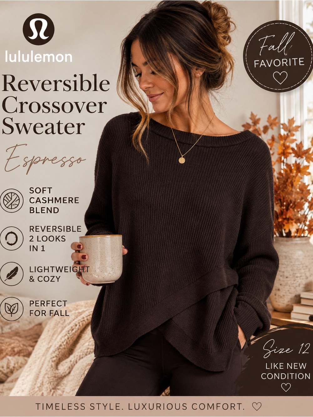 ✨Lululemon | Reversible Crossover Sweater | 12 | Espresso Brown | Cashmere Blend
